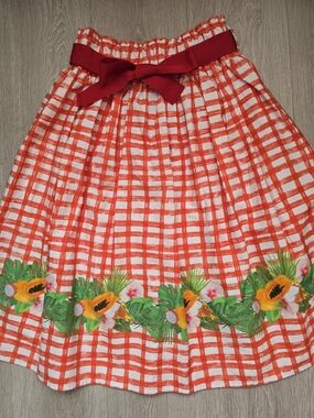 Motel Rocks Red and White Checked A-Line Skirt with Floral Border Size M